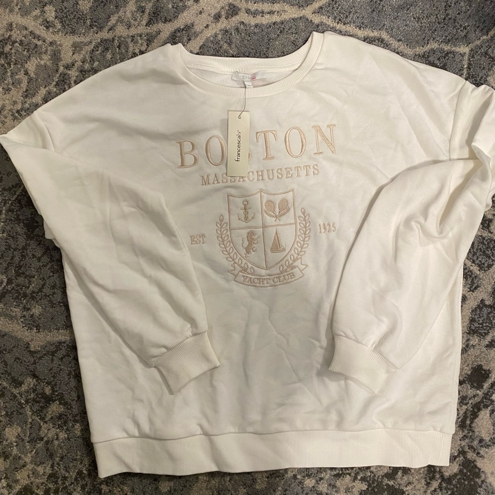 Francesca’s Oversized Crew Neck with Gold Lettering!